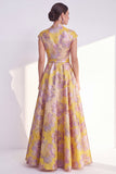 Yellow Jacquard Long Mother of the Bride Dress with Cap Sleeves
