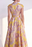 Yellow Jacquard Long Mother of the Bride Dress with Cap Sleeves