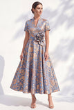 Blue Golden Flower Jacquard V Neck Midi Dress with 3D Flower