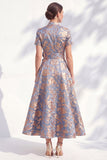 Blue Golden Flower Jacquard V Neck Midi Dress with 3D Flower