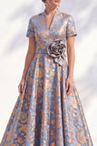 Blue Golden Flower Jacquard V Neck Midi Dress with 3D Flower