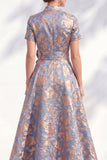 Blue Golden Flower Jacquard V Neck Midi Dress with 3D Flower