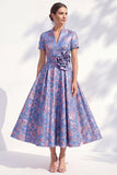 Blue Golden Flower Jacquard V Neck Midi Dress with 3D Flower