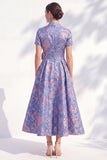 Blue Golden Flower Jacquard V Neck Midi Dress with 3D Flower
