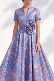 Blue Golden Flower Jacquard V Neck Midi Dress with 3D Flower