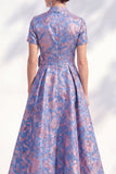 Blue Golden Flower Jacquard V Neck Midi Dress with 3D Flower
