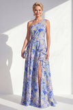 One Shoulder Blue Floral Mother of the Bride Dress with Slit