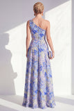 One Shoulder Blue Floral Mother of the Bride Dress with Slit