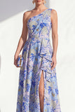 One Shoulder Blue Floral Mother of the Bride Dress with Slit