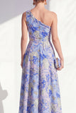 One Shoulder Blue Floral Mother of the Bride Dress with Slit