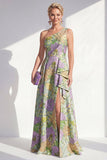 One Shoulder Blue Floral Mother of the Bride Dress with Slit
