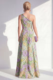 One Shoulder Blue Floral Mother of the Bride Dress with Slit