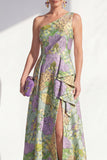 One Shoulder Blue Floral Mother of the Bride Dress with Slit