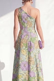 One Shoulder Blue Floral Mother of the Bride Dress with Slit