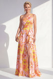 One Shoulder Blue Floral Mother of the Bride Dress with Slit