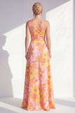 One Shoulder Blue Floral Mother of the Bride Dress with Slit