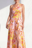 One Shoulder Blue Floral Mother of the Bride Dress with Slit