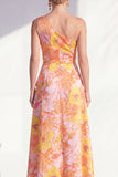 One Shoulder Blue Floral Mother of the Bride Dress with Slit