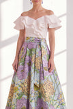 Off the Shoulder Ruffle Blue Purple Flower Mother of the Bride Dress with Sash