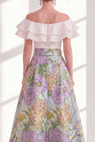Off the Shoulder Ruffle Blue Purple Flower Mother of the Bride Dress with Sash