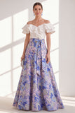Off the Shoulder Ruffle Blue Purple Flower Mother of the Bride Dress with Sash