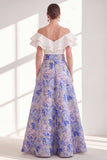 Off the Shoulder Ruffle Blue Purple Flower Mother of the Bride Dress with Sash