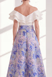 Off the Shoulder Ruffle Blue Purple Flower Mother of the Bride Dress with Sash