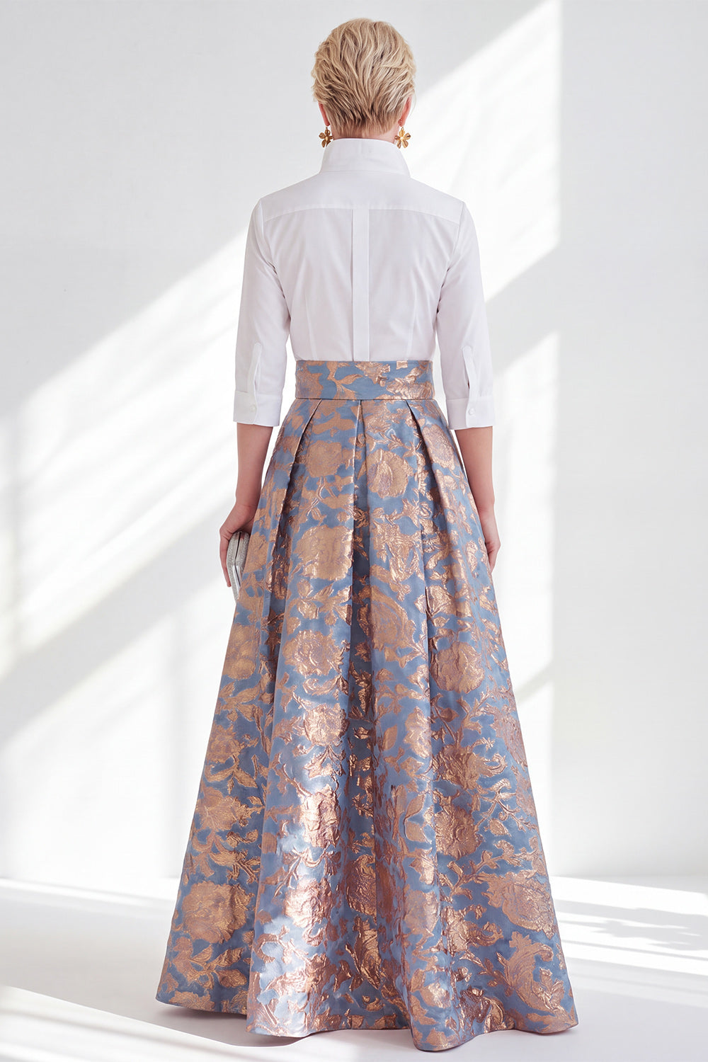 Wedtrend Women Blue Golden Flower Jacquard Mother of the Bride Dress Collar  A Line Long Mother of the Groom Dress with 3/4 Sleeves – WEDTREND