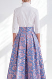 Jacquard Collar Blue Golden Flower Mother of the Bride Dress
