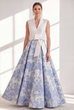 Blue Jacquard Long Mother of the Bride Dress with Sash