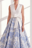 Blue Jacquard Long Mother of the Bride Dress with Sash