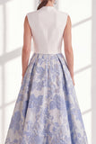Blue Jacquard Long Mother of the Bride Dress with Sash