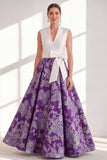 Blue Jacquard Long Mother of the Bride Dress with Sash