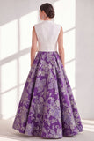 Blue Jacquard Long Mother of the Bride Dress with Sash