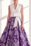 Blue Jacquard Long Mother of the Bride Dress with Sash