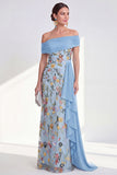 Green Embroidered Off the Shoulder Mother of the Bride Dress with Side Streamer
