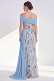 Green Embroidered Off the Shoulder Mother of the Bride Dress with Side Streamer