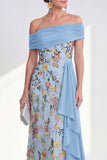 Green Embroidered Off the Shoulder Mother of the Bride Dress with Side Streamer