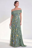 Green Embroidered Off the Shoulder Mother of the Bride Dress with Side Streamer