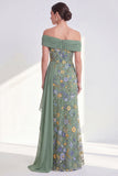 Green Embroidered Off the Shoulder Mother of the Bride Dress with Side Streamer