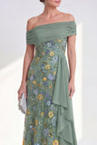 Green Embroidered Off the Shoulder Mother of the Bride Dress with Side Streamer
