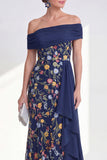 Green Embroidered Off the Shoulder Mother of the Bride Dress with Side Streamer