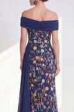 Green Embroidered Off the Shoulder Mother of the Bride Dress with Side Streamer