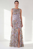 Grey Purple Floral Embroidered Mother of the Bride Dress with Slit