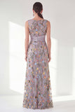 Grey Purple Floral Embroidered Mother of the Bride Dress with Slit