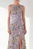 Grey Purple Floral Embroidered Mother of the Bride Dress with Slit