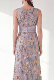 Grey Purple Floral Embroidered Mother of the Bride Dress with Slit