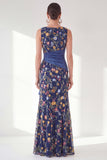 Grey Purple Floral Embroidered Mother of the Bride Dress with Slit