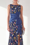Grey Purple Floral Embroidered Mother of the Bride Dress with Slit