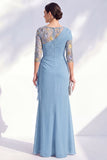 Blue Applique Chiffon Mother of the Bride Dress with Side Streamer